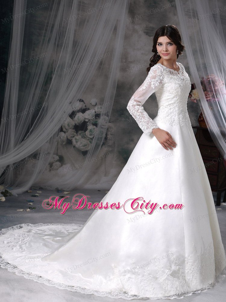 Chapel Train V-neck Lace Long Sleeves Princess Wedding Dresses for 2013