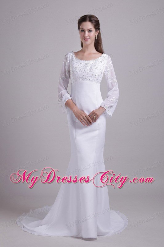 Mermaid Brush Train Scoop Neck Embroidery Wedding Dress with Long Sleeves