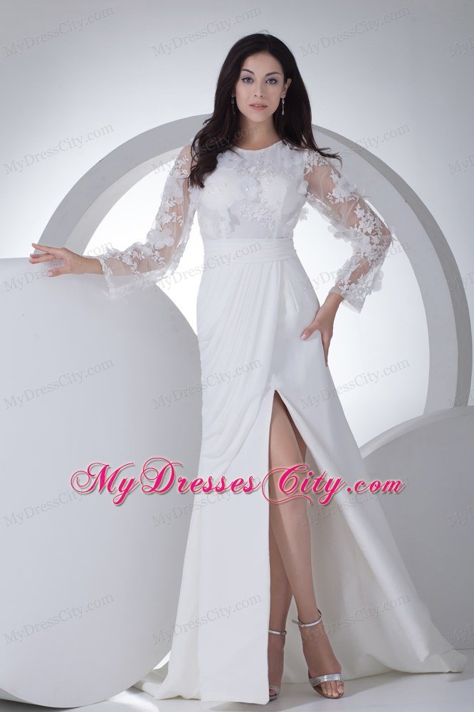 High Slit Lace Scoop Neck Long Sleeves Wedding Bridal Dresses with Clasp Handle