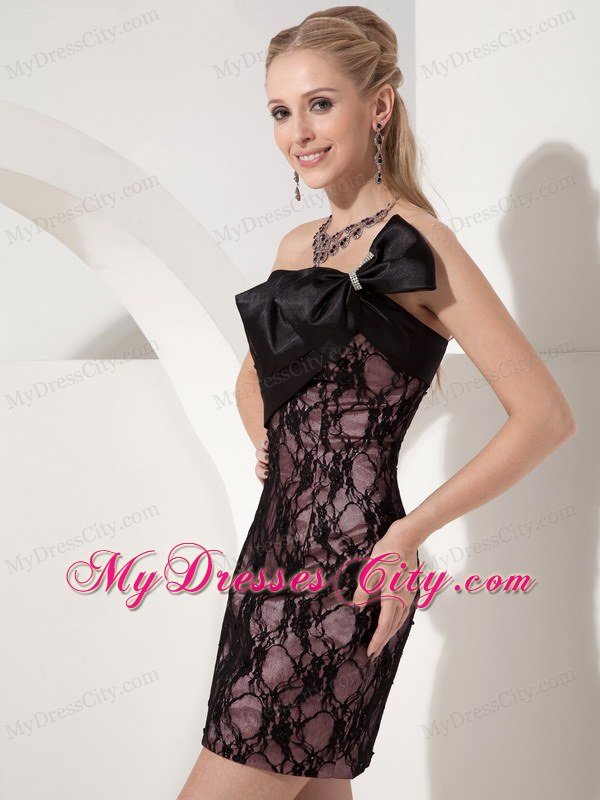 Simple Slinky Mini Lace Black Evening Dresses with Big Bowknot