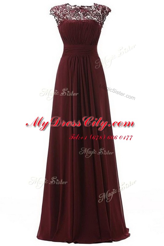 Exquisite Burgundy Zipper Scoop Lace Prom Dress Chiffon Sleeveless