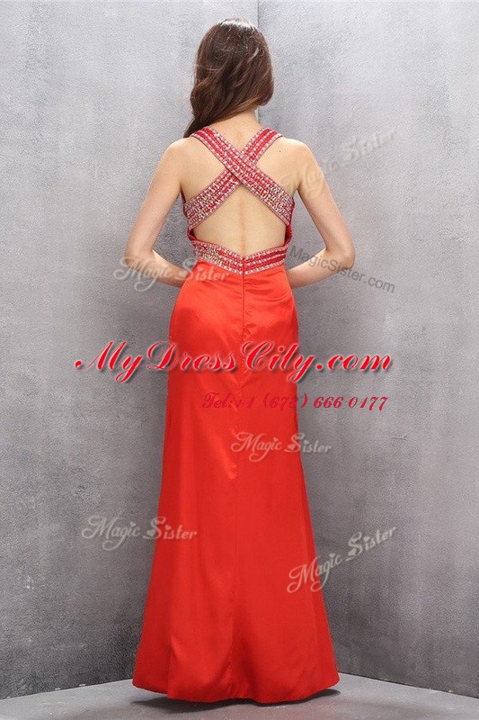 V-neck Sleeveless Prom Evening Gown Floor Length Beading Coral Red Satin