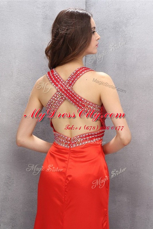 V-neck Sleeveless Prom Evening Gown Floor Length Beading Coral Red Satin
