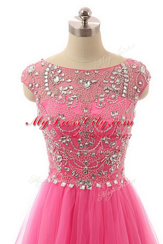 Lace Hot Pink Bateau Zipper Beading Evening Dress Short Sleeves