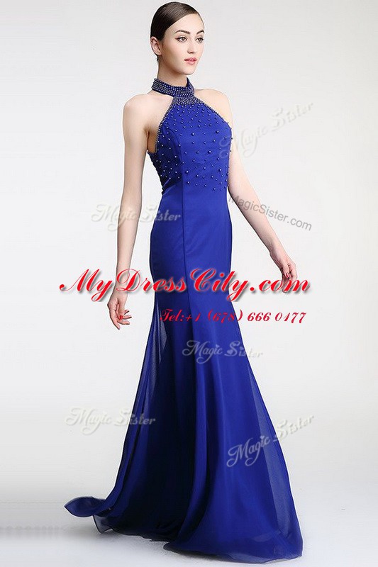 Lovely Royal Blue Evening Dress Prom and Party and For with Lace High-neck Sleeveless Sweep Train Zipper