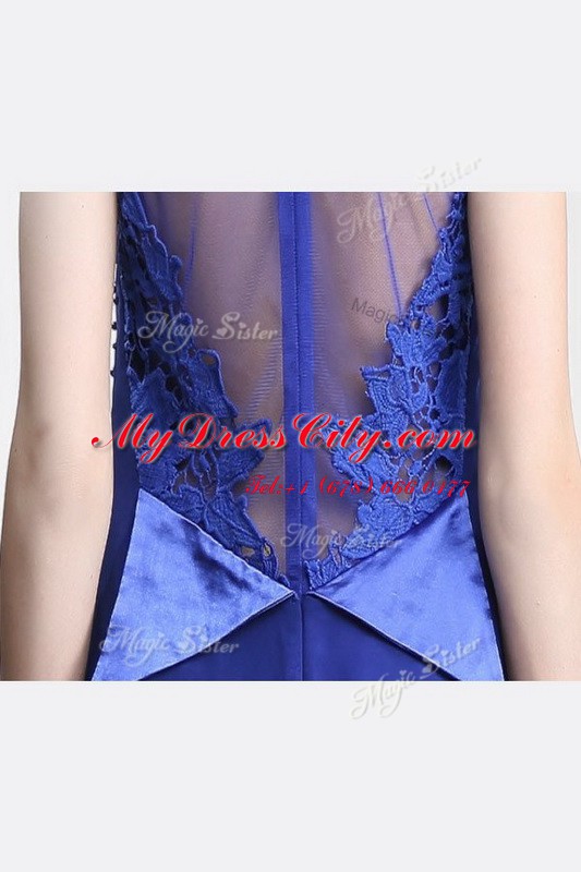 Lovely Royal Blue Evening Dress Prom and Party and For with Lace High-neck Sleeveless Sweep Train Zipper