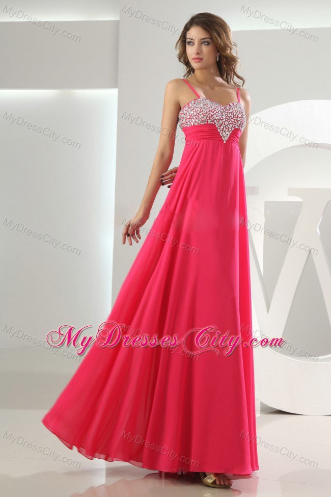 Beading Empire Straps Floor-length Pageant Dress in Hot Pink