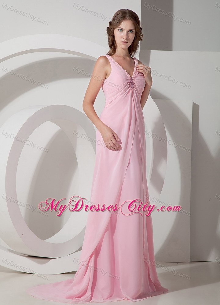 Baby Pink Empire Brush Train V-neck Beaded Prom Pageant Dress