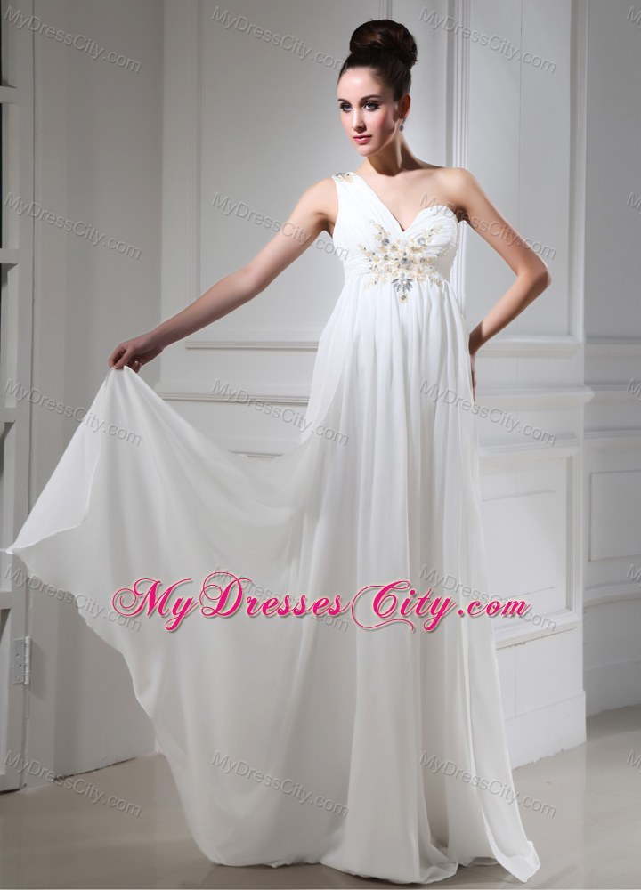 Floor-length Single Shoulder Ruched White Pageant Dress