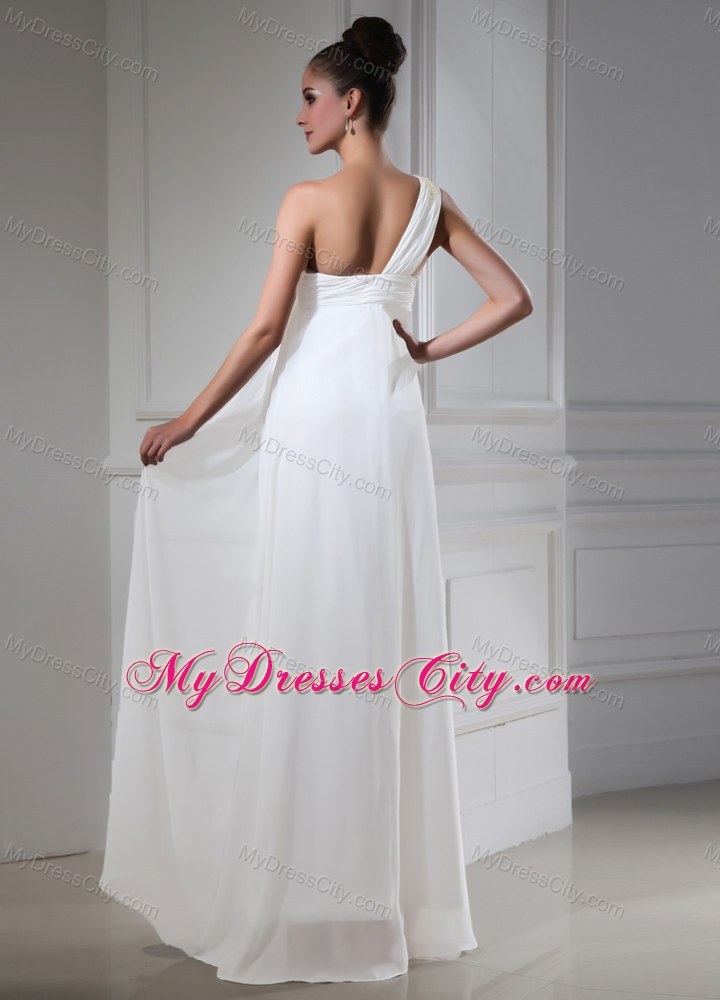 Floor-length Single Shoulder Ruched White Pageant Dress
