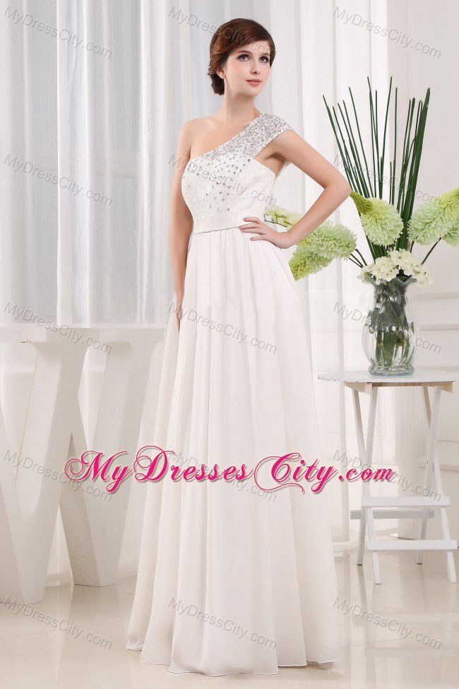 Long White Pageant Gown with Beaded One Shoulder