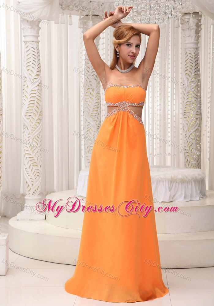Long Orange Empire Prom for Pageant with Beading
