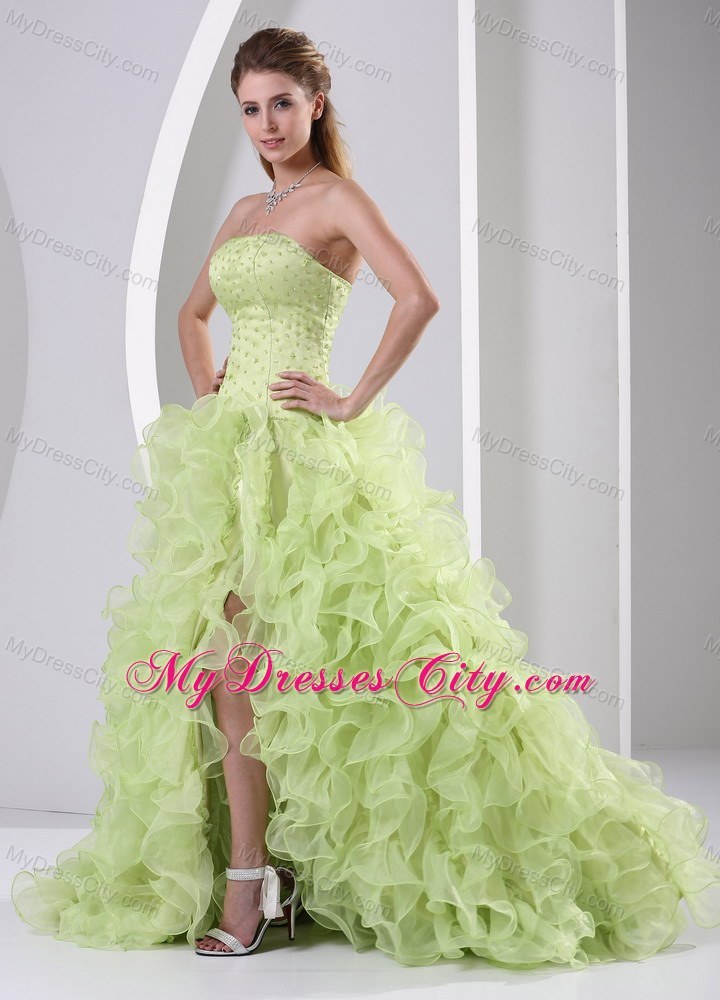 Yellow Green Ruffled Organza Prom Pageant Dress with Slit