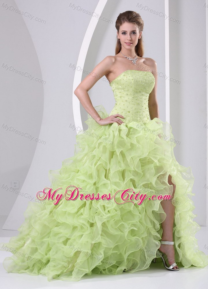 Yellow Green Ruffled Organza Prom Pageant Dress with Slit