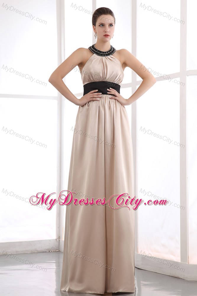 Halter Top Beaded Champagne Pageant Dress with Black Sash