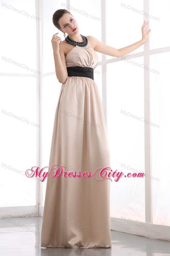 Halter Top Beaded Champagne Pageant Dress with Black Sash