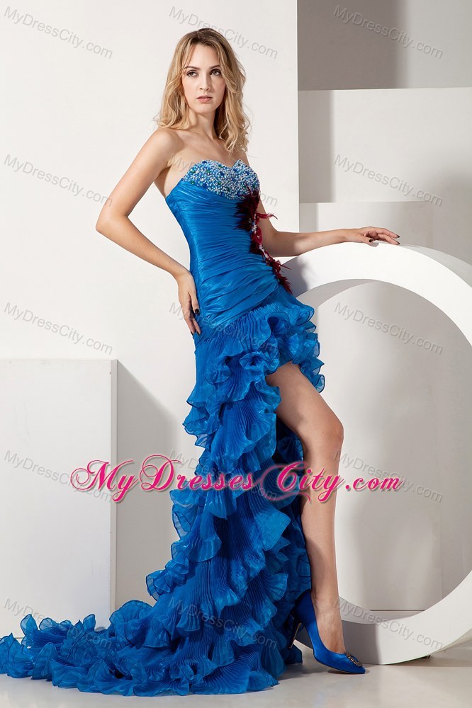 Blue Sweetheart Beading and Feathers Prom Dress with Ruffles