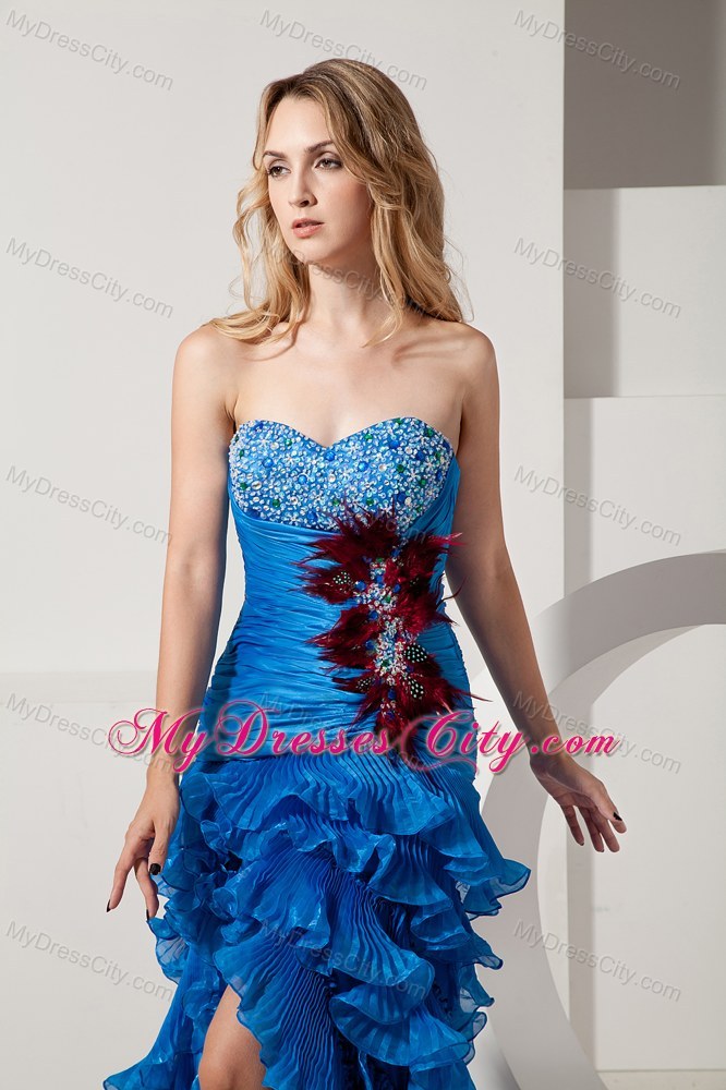Blue Sweetheart Beading and Feathers Prom Dress with Ruffles