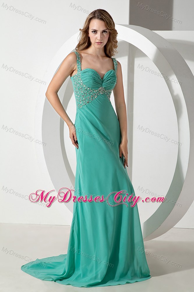 Green Slinky Straps Beaded Prom Pageant Dresses with Train