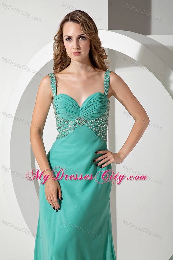 Green Slinky Straps Beaded Prom Pageant Dresses with Train