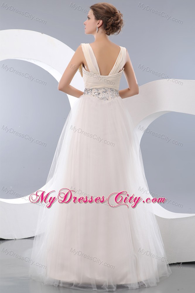 White A-line Beaded Floor-length Pageant Dress with Straps
