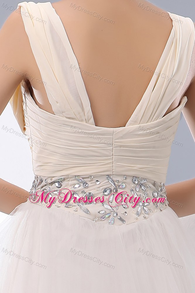 White A-line Beaded Floor-length Pageant Dress with Straps
