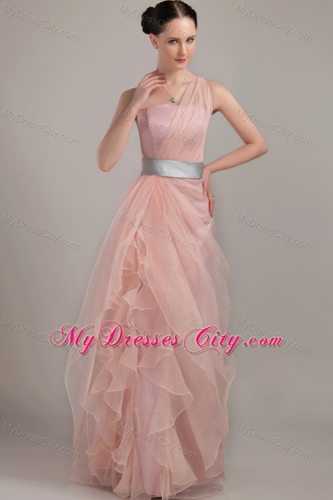 Ruffled Pink Organza Prom Dress with Single Shoulder for Cheap