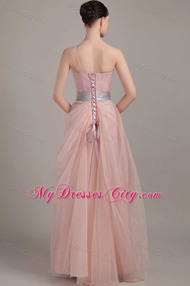 Ruffled Pink Organza Prom Dress with Single Shoulder for Cheap
