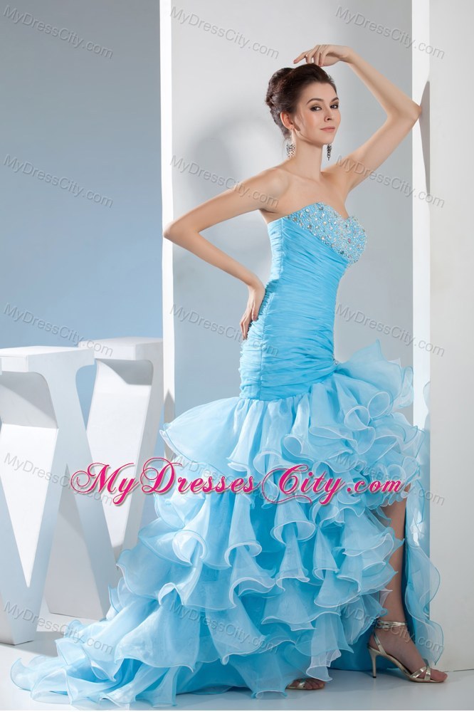 Two-tone Ruffle Layered Slit Mermaid Skirt Pageant Dress Beaded
