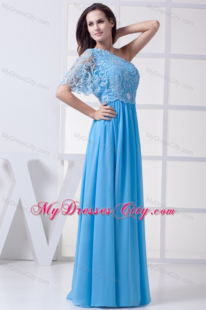 Lace Covered Bodice with One Shoulder Short Sleeve Pageant Dress
