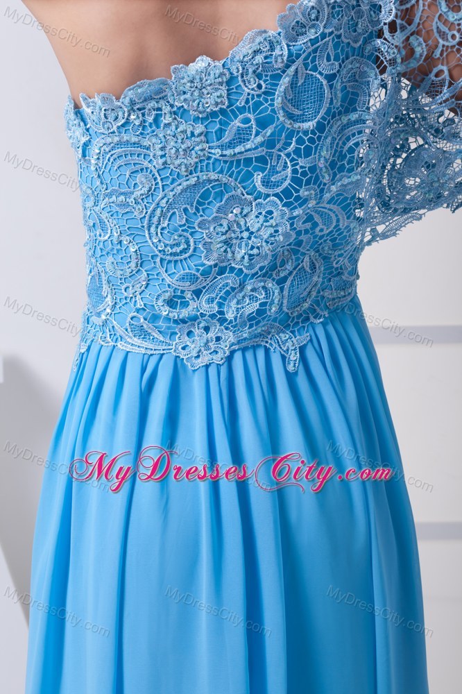 Lace Covered Bodice with One Shoulder Short Sleeve Pageant Dress