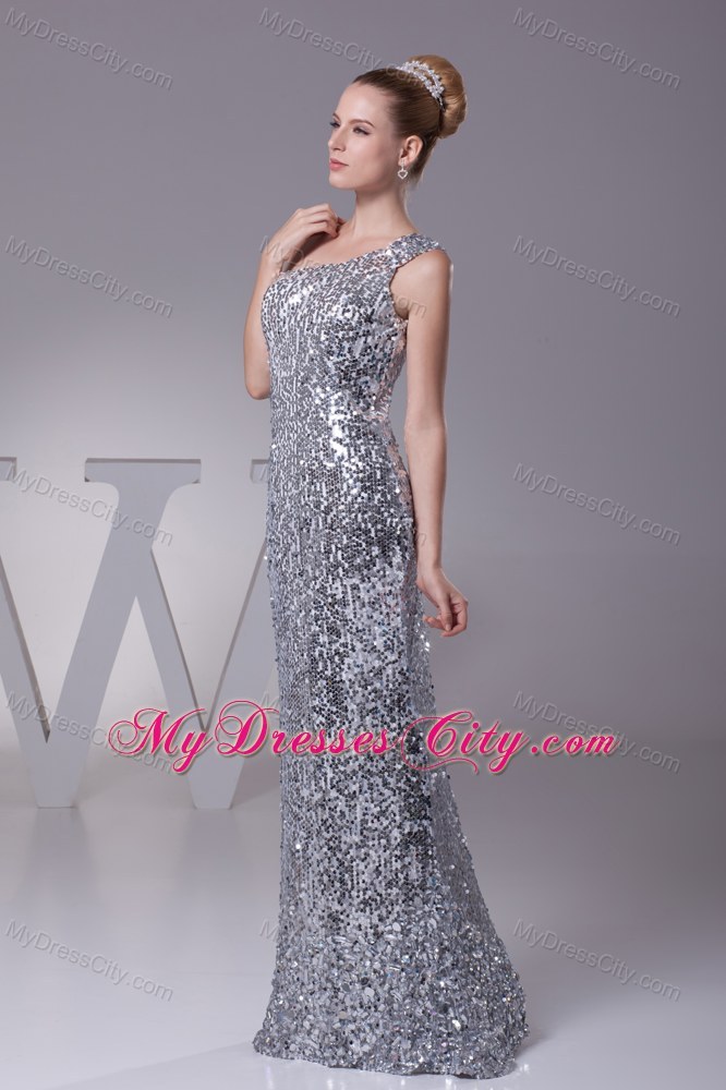 Silver Paillette Fabric One Shoulder Column Floor-length Pageant Dress