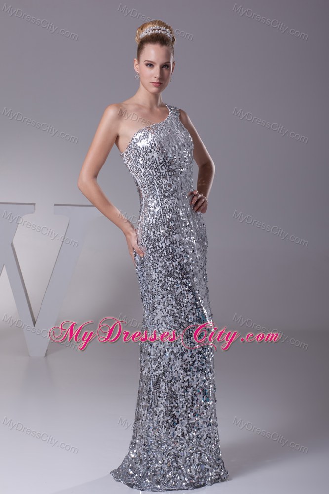 Silver Paillette Fabric One Shoulder Column Floor-length Pageant Dress