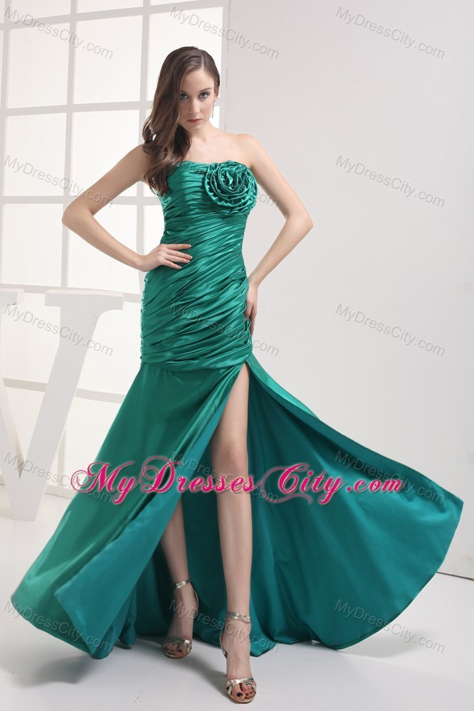 Turquoise Dropped Waist High Slit Pageant Dress with Big Handmade Flower