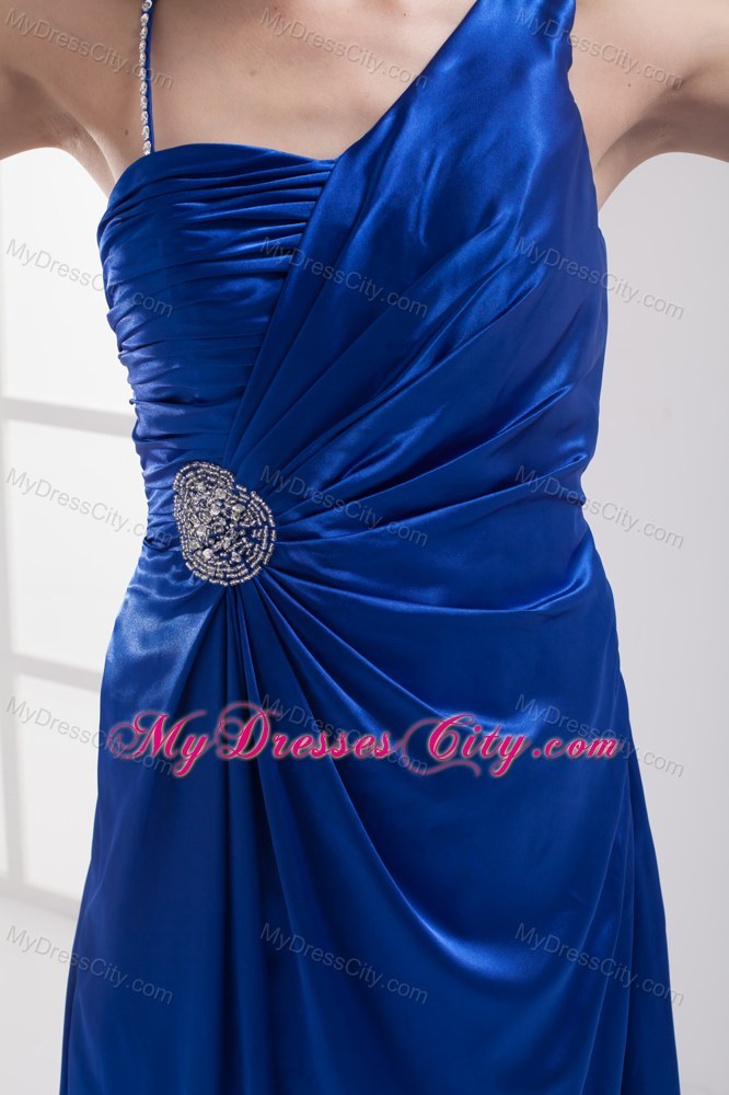 Royal Blue Asymmetric Neckline High Slit Pageant Dress with Brooch