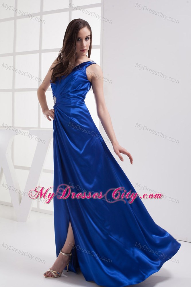 Royal Blue Asymmetric Neckline High Slit Pageant Dress with Brooch