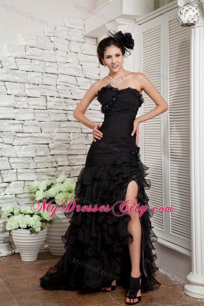 Floral Embellished Dropped Pageant Dress with Ruffle Layers on Slit Skirt