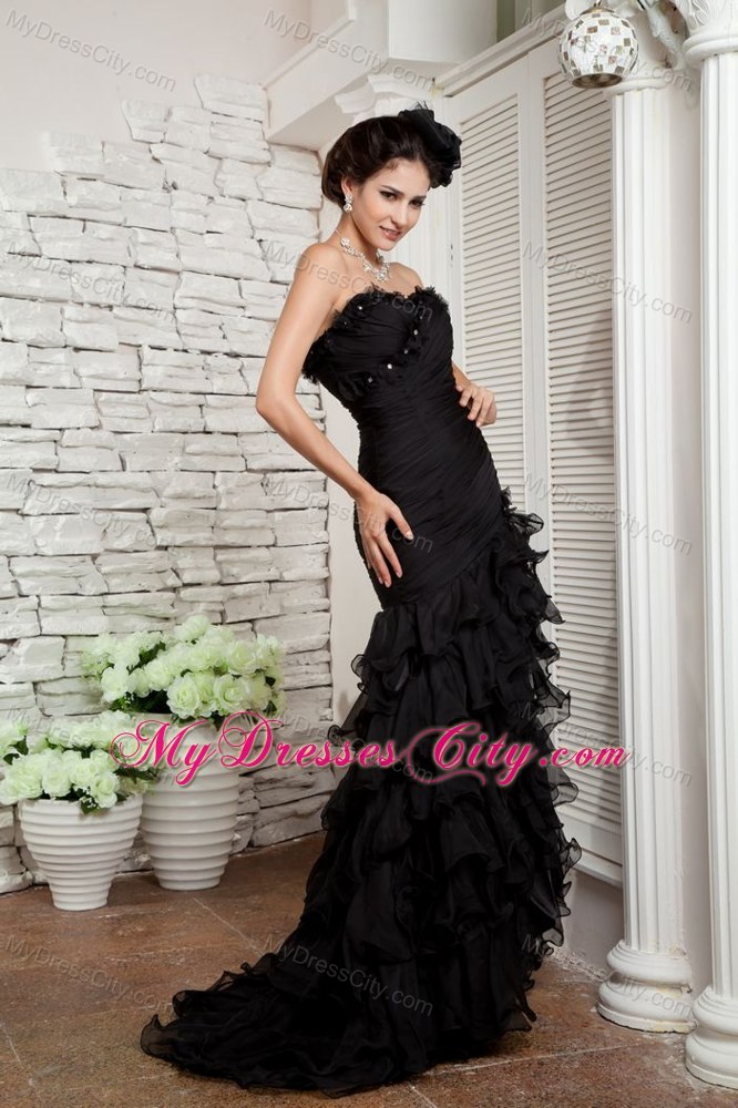 Floral Embellished Dropped Pageant Dress with Ruffle Layers on Slit Skirt