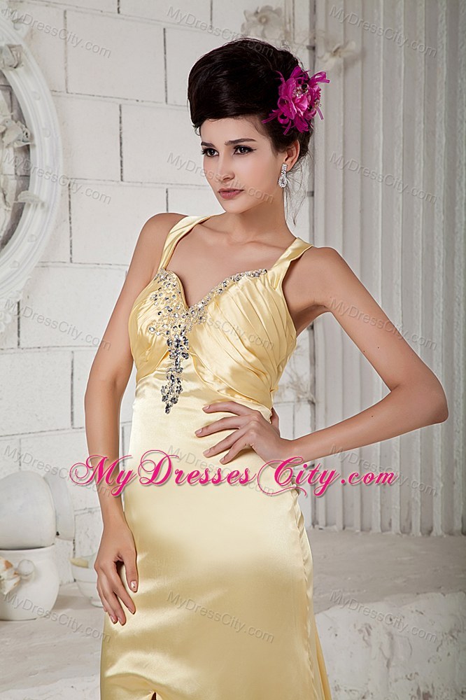 Gold Brush Train Beaded Prom Pageant Gown with Straps
