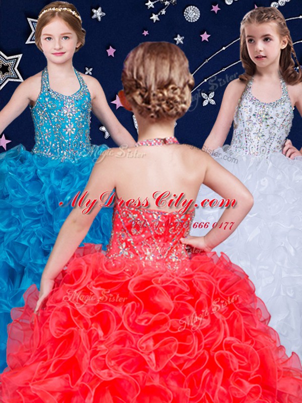 Halter Top Sleeveless Lace Up High School Pageant Dress White and Coral Red and Blue Organza