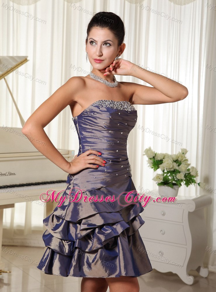 Dark Purple Ruched and Ruffled Party Dress with Beading