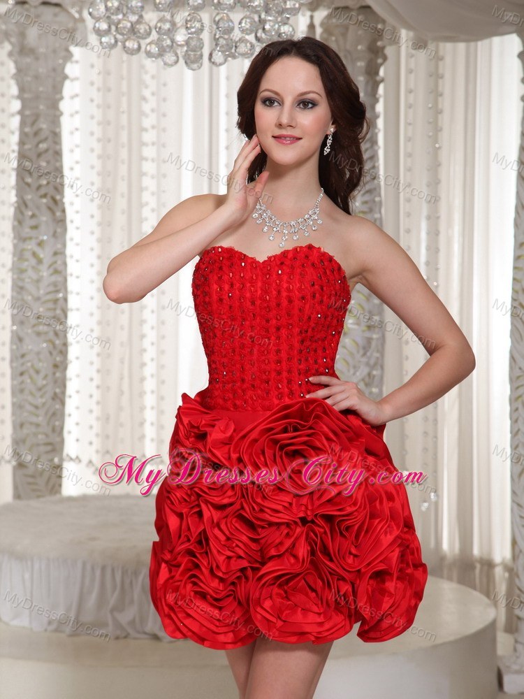 Hand-made Flowers and Beading Red Mini Party Dress