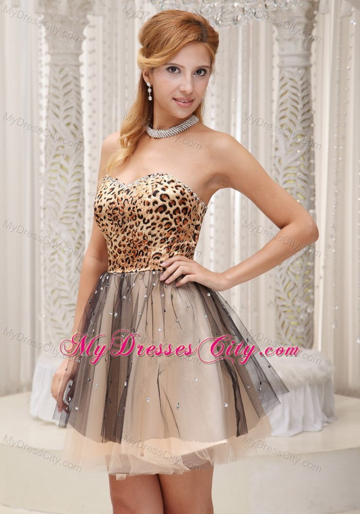 Leopard and Tulle Beaded Short Prom Dress For Party