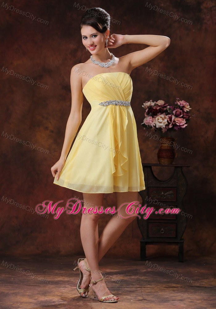 Yellow Short Party Dress With Beaded and Ruched Decorate