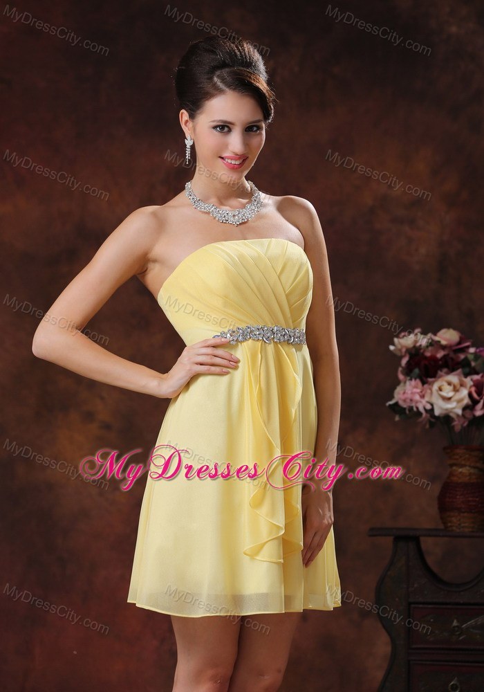 Yellow Short Party Dress With Beaded and Ruched Decorate