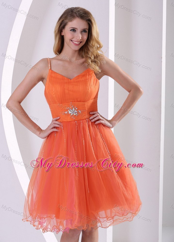 Orange Red Spagetti Straps Party Dress With Beading and Ruches