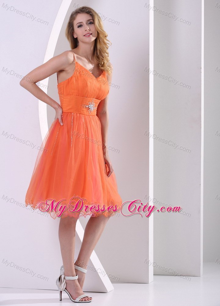Orange Red Spagetti Straps Party Dress With Beading and Ruches