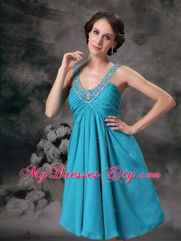 V-neck Mini Chiffon Beading Prom Party Dress in Aqua Blue - MyDressCity.com