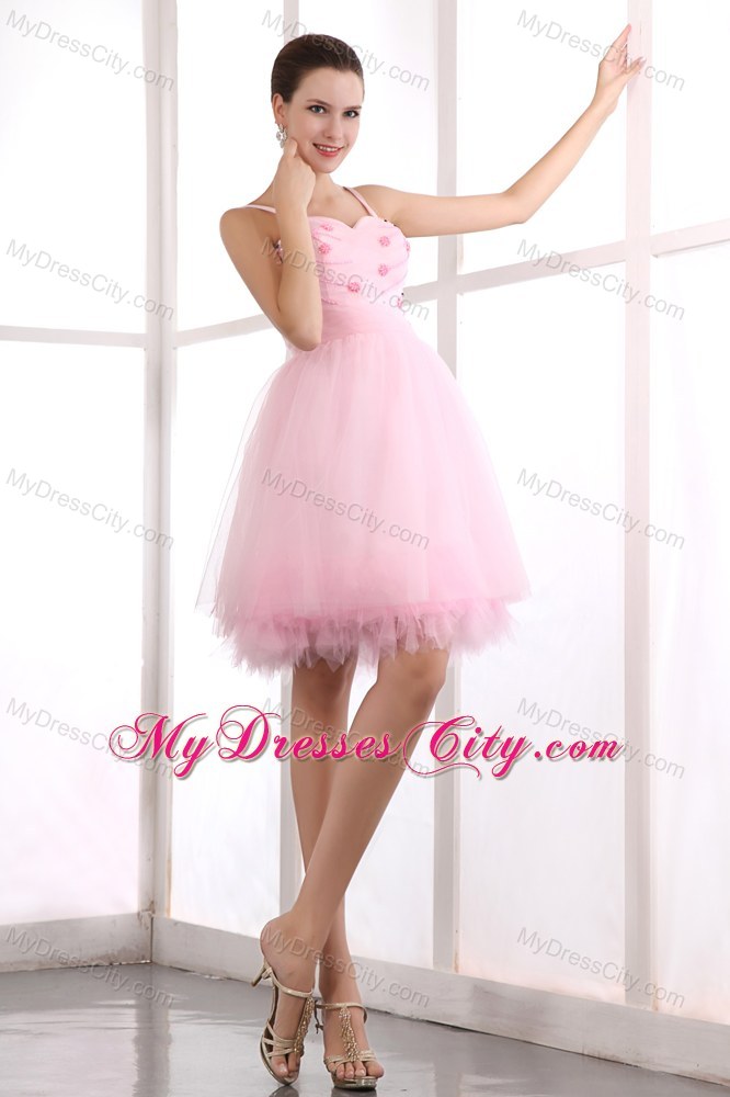 Pink A-line Spaghetti Straps Beading Short Party Dress