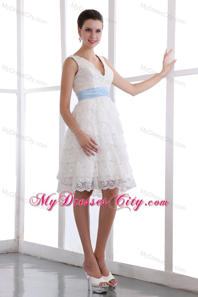 V-neck White Mini-length Lace Prom Party Dress with Sash
